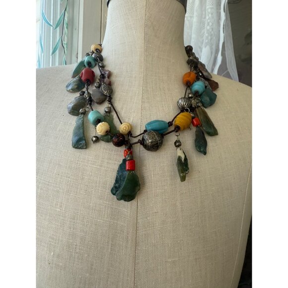 Vintage 80s Double Strand Necklace Carved Agate Trade Beads Boho - Picture 5 of 16
